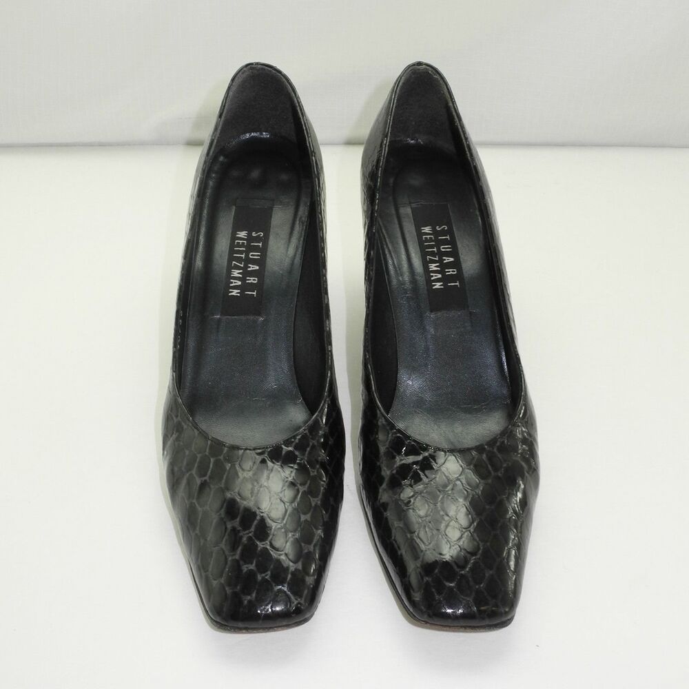 Stuart Weitzman Pumps Women's 8.5 Narrow Black Embossed Reptile Patent Leather
